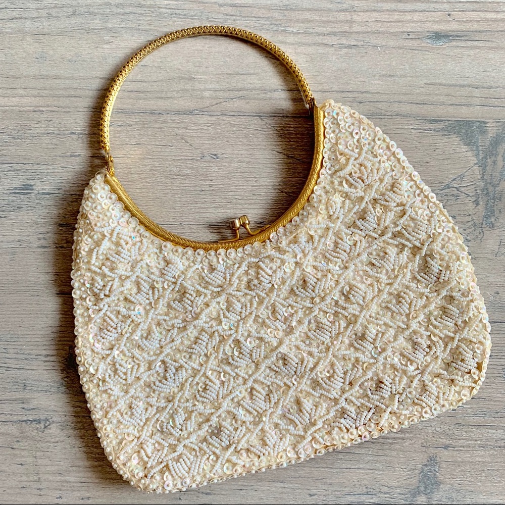 White Beaded Evening Bag; Evening Clutch